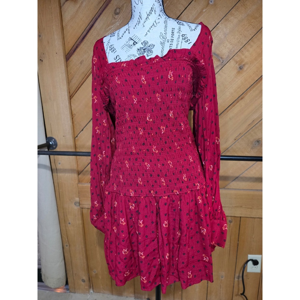 Free People‎ Ruby Combo Floral Smocked Mini Dress Red L NWT